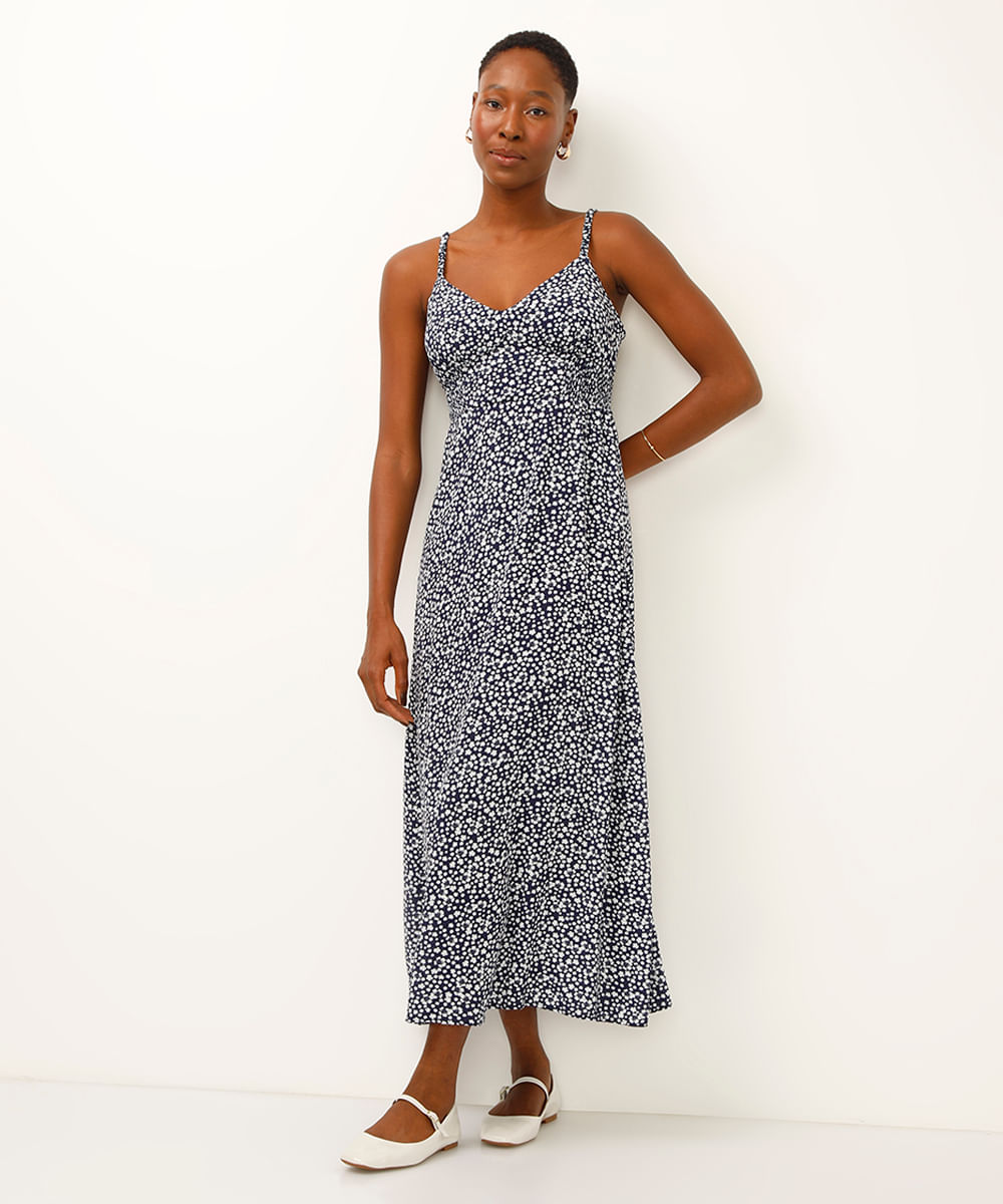 vestido midi de viscose floral azul
