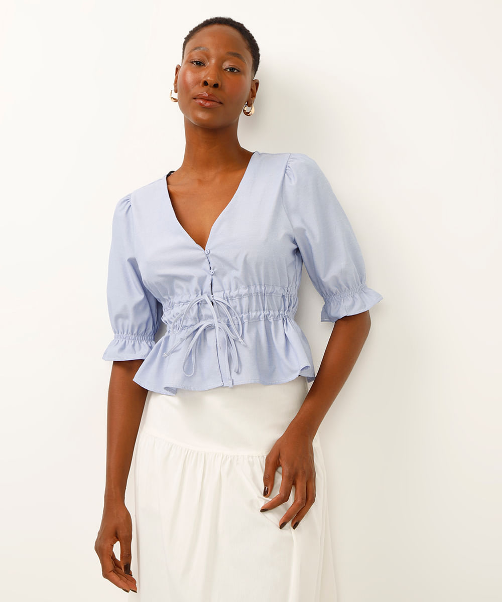 blusa com laços manga bufante listrada azul