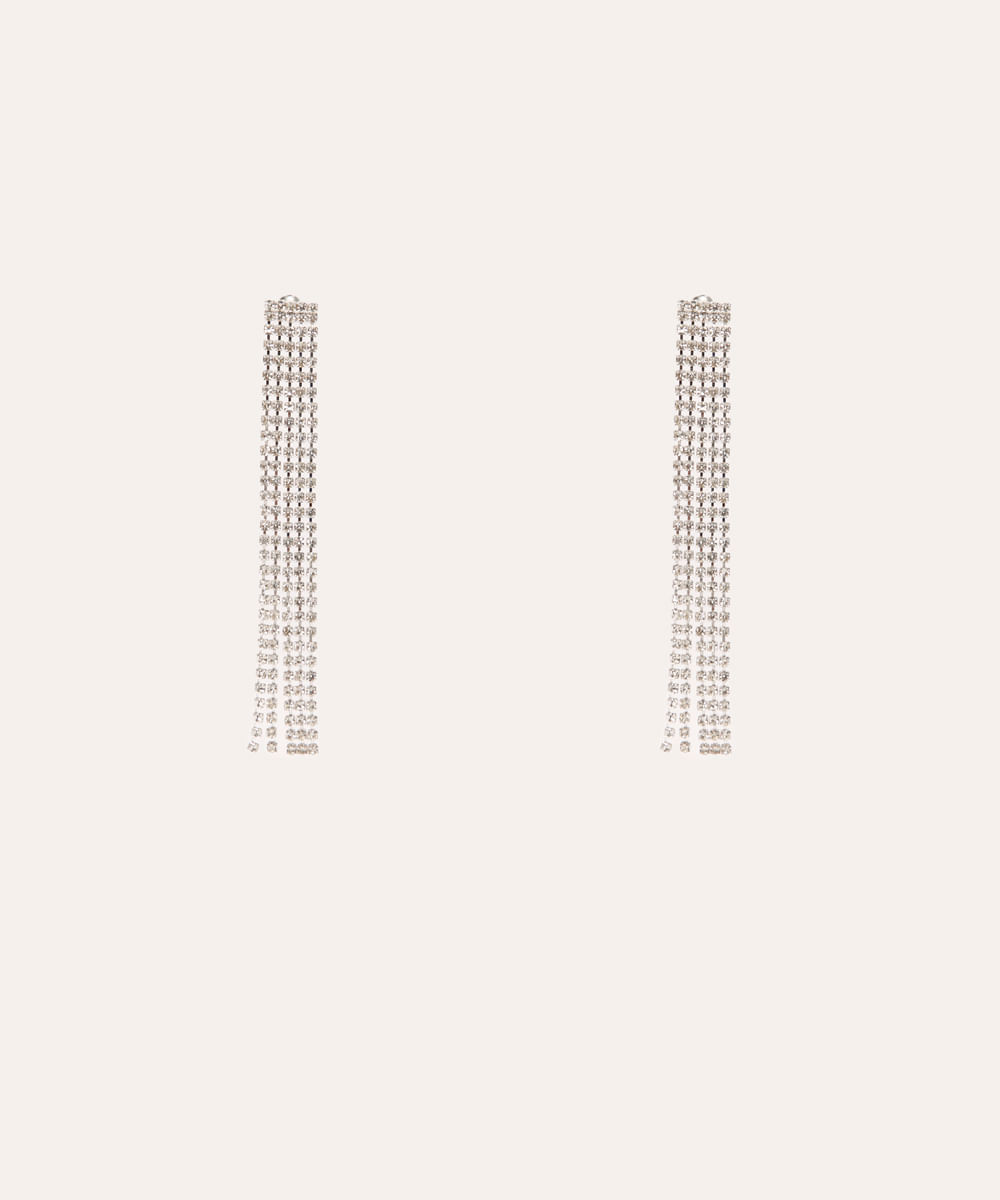 brinco franjas com strass prateado