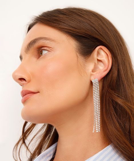 brinco franjas com strass prateado