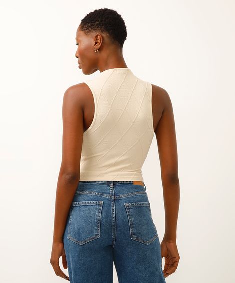 cropped de poliamida texturizado gola alta bege