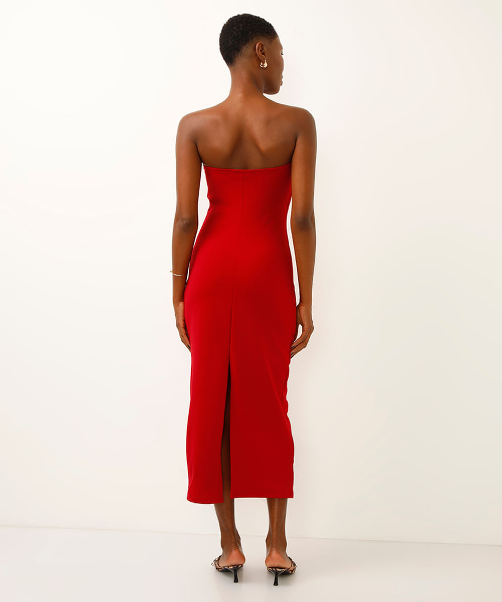 vestido midi decote reto sem alça vermelho