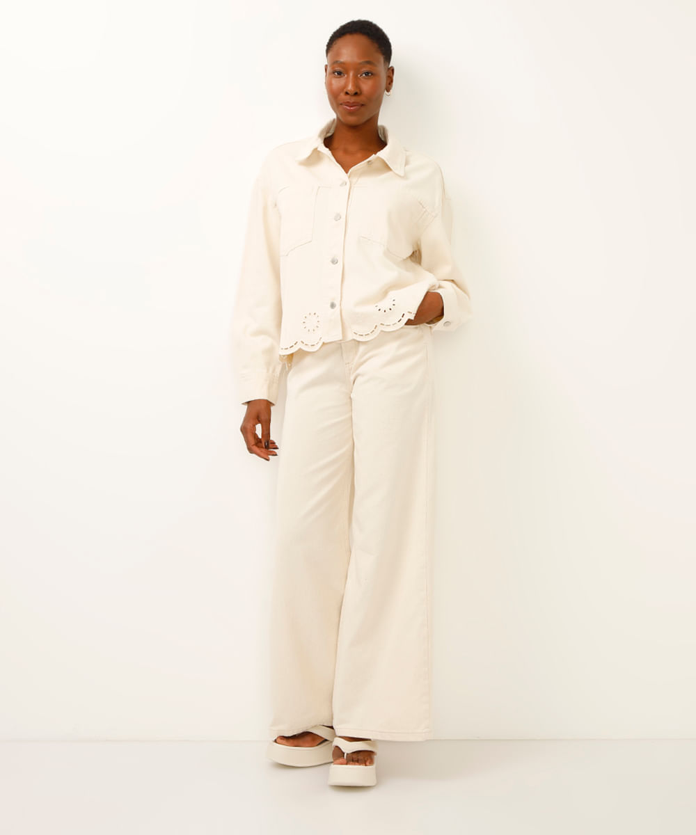 jaqueta de sarja bordado floral off white