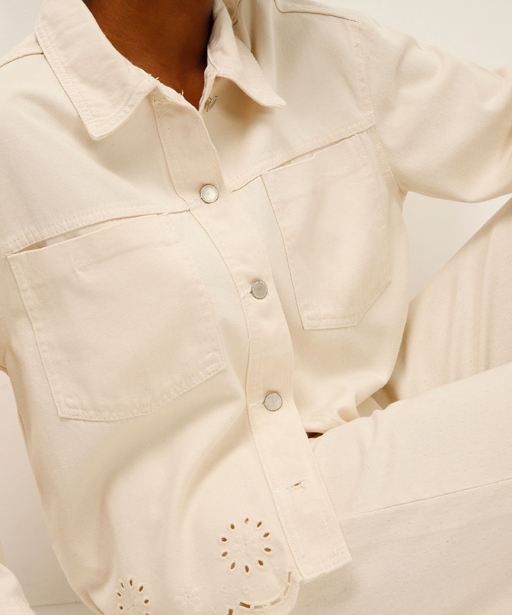jaqueta de sarja bordado floral off white