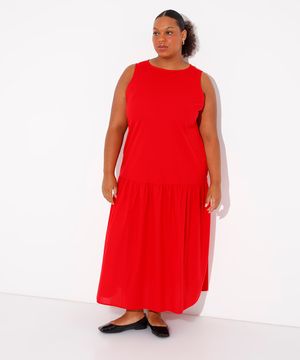 vestido longo de algodão plus size mindset vermelho