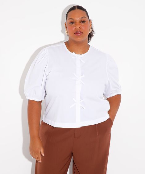 camisa de algodão manga bufante plus size mindset off white