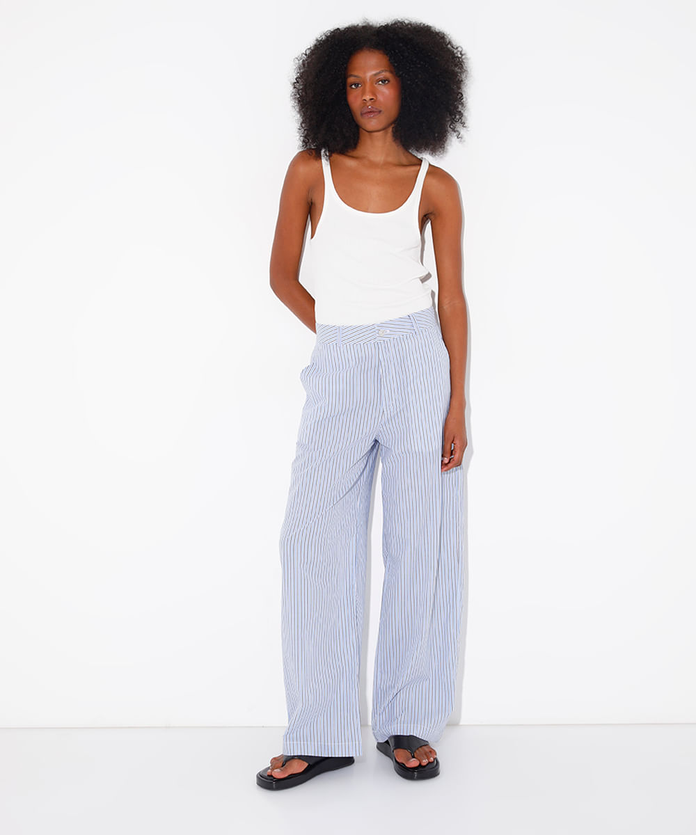 calça de alfaiataria reta listrada mindset azul