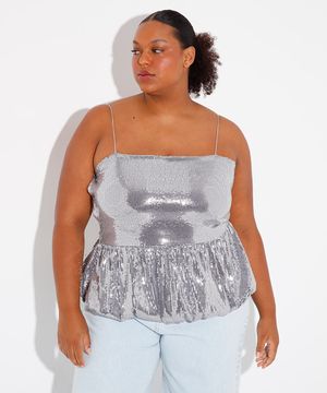 blusa balonê de paetê plus size mindset prateada