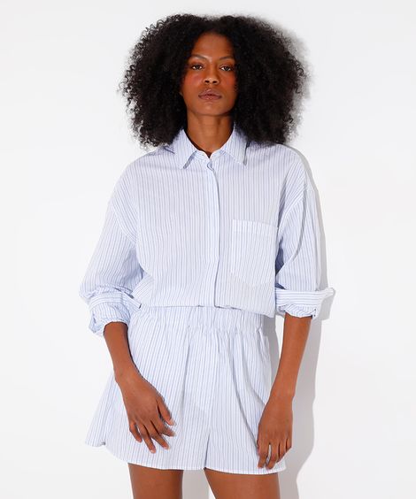 camisa de algodão listrada com bolso mindset azul