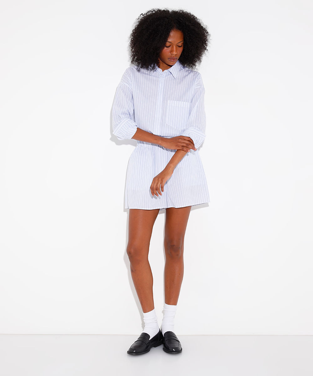 camisa de algodão listrada com bolso mindset azul