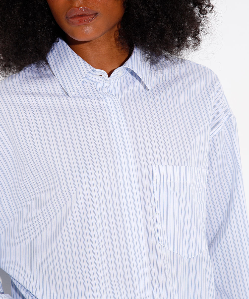 camisa de algodão listrada com bolso mindset azul