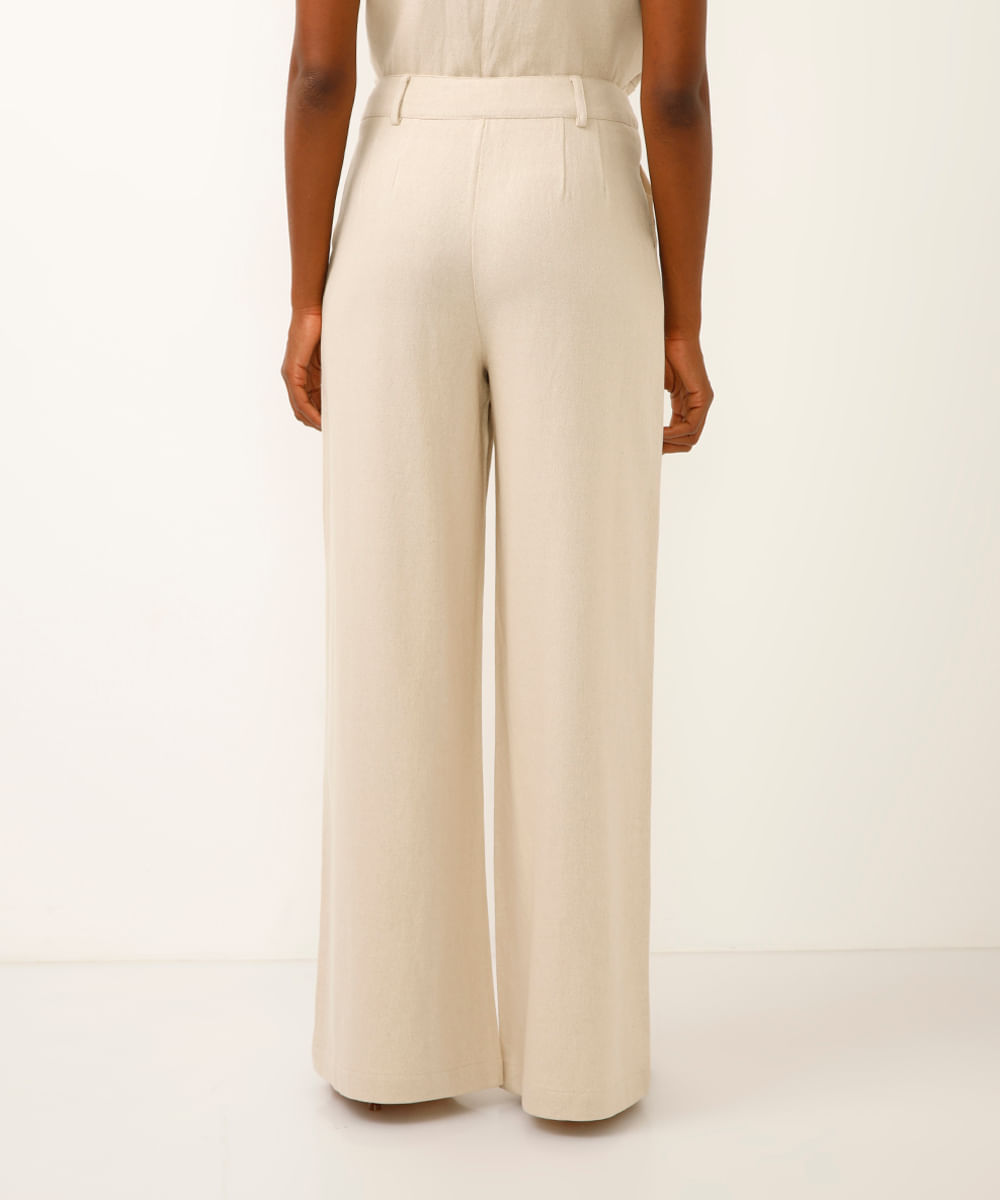 calça wide leg de alfaiataria com linho bege