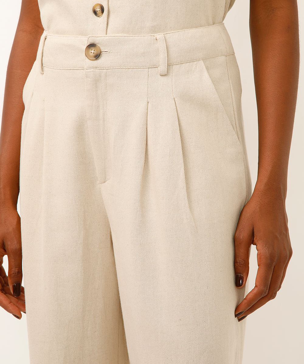 calça wide leg de alfaiataria com linho bege