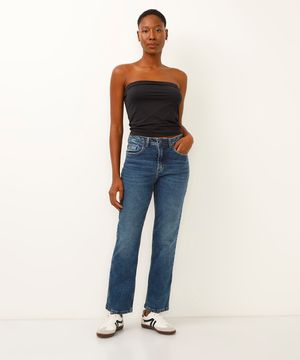 calça reta jeans cintura média azul