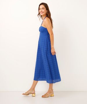 vestido midi de laise decote coração azul