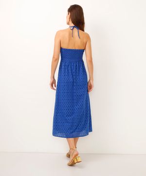 vestido midi de laise decote coração azul