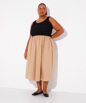 vestido midi de algodão saia volumosa plus size mindset bege