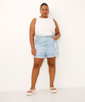 short mom jeans plus size destroyed cintura super alta azul