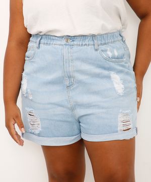 short mom jeans plus size destroyed cintura super alta azul