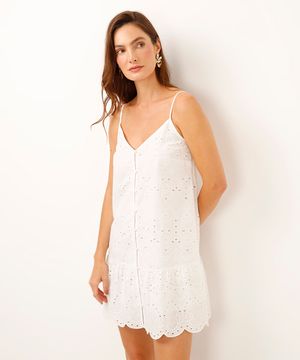 vestido curto de laise decote v alça fina off white