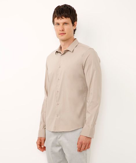 camisa slim fit de algodão manga longa bege