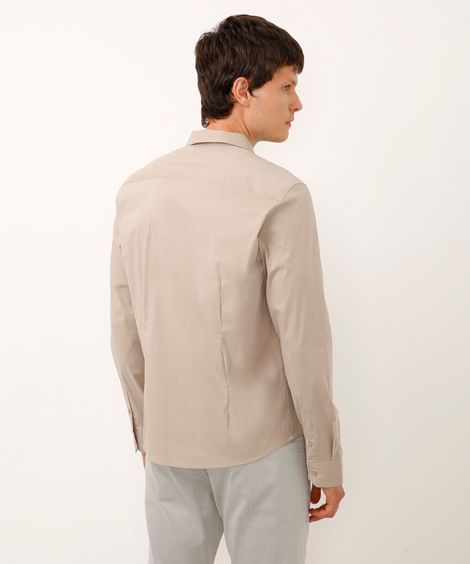 camisa slim fit de algodão manga longa bege