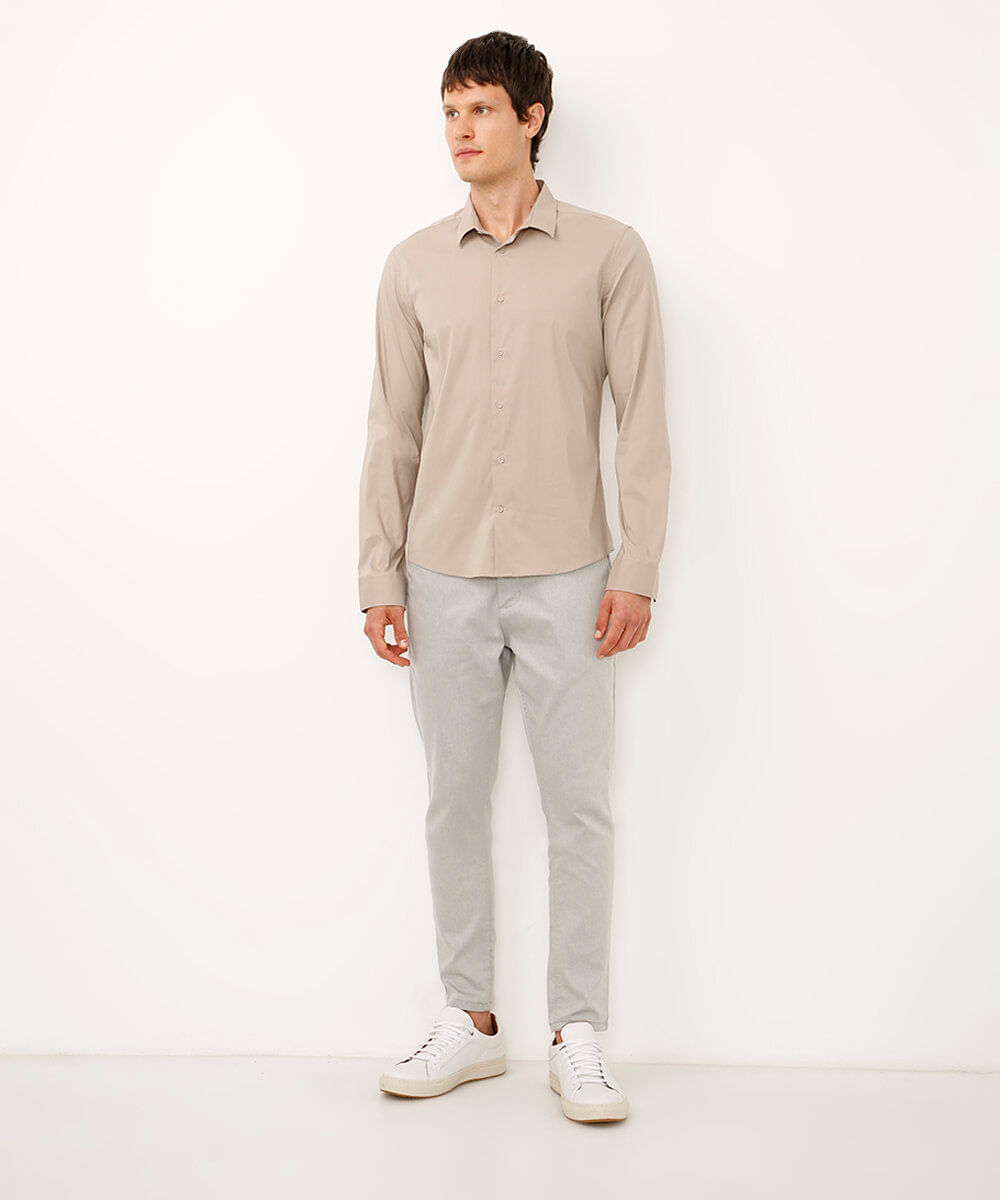 camisa slim fit de algodão manga longa bege