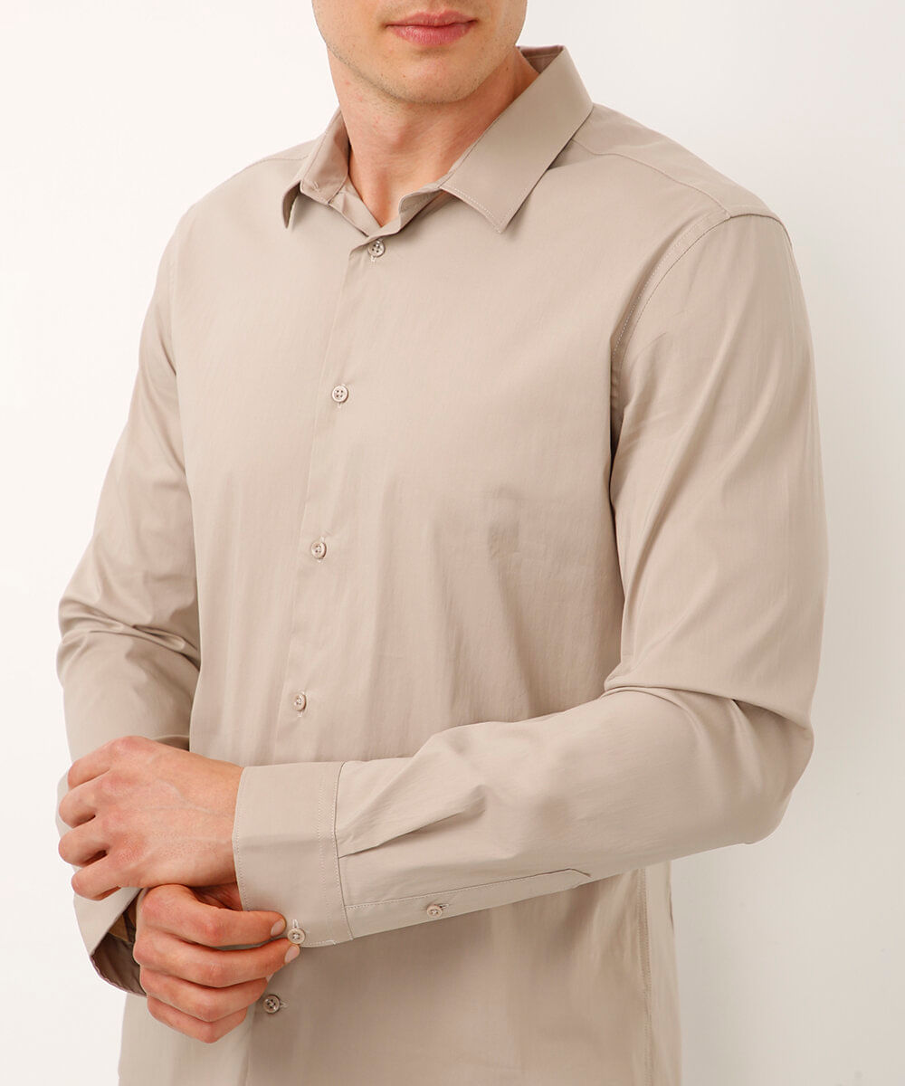 camisa slim fit de algodão manga longa bege