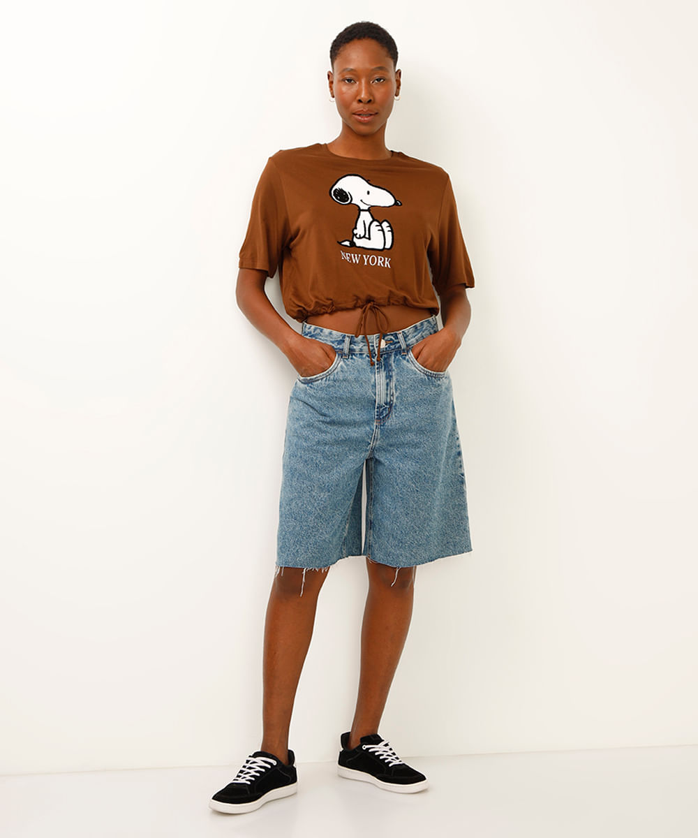 cropped de viscose com amarração snoopy marrom