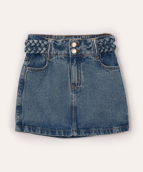 saia curta jeans infantil cós trançado azul