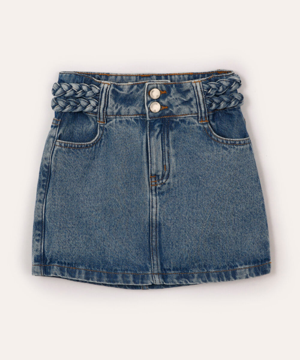 saia curta jeans infantil cós trançado azul