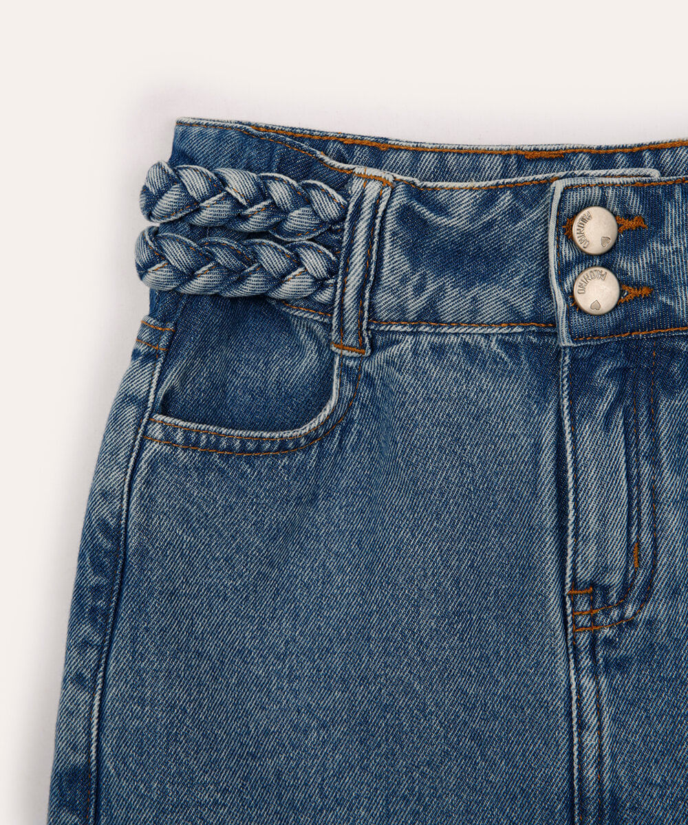 saia curta jeans infantil cós trançado azul