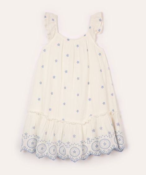 vestido de algodão infantil com bordado floral off white