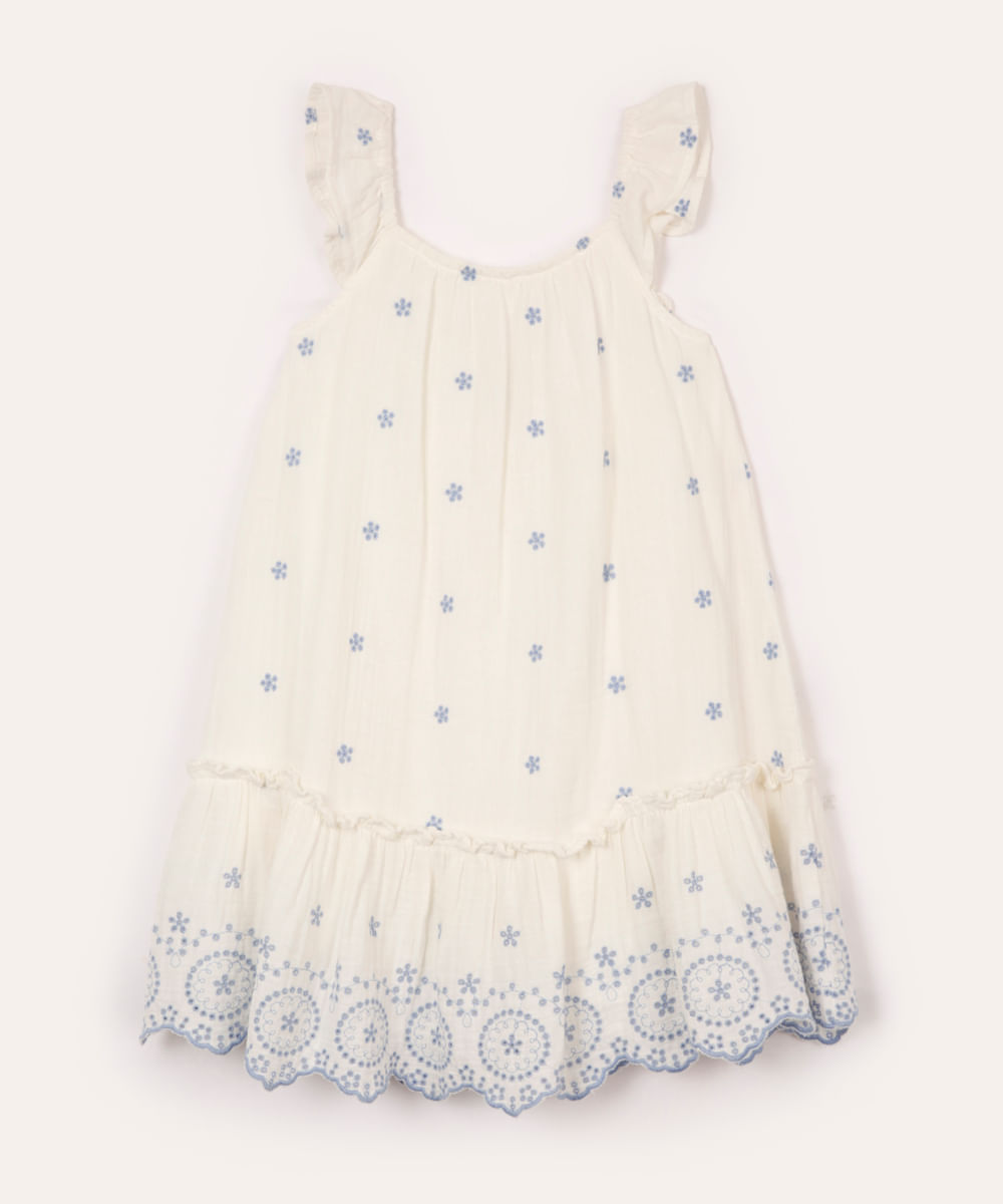vestido de algodão infantil com bordado floral off white