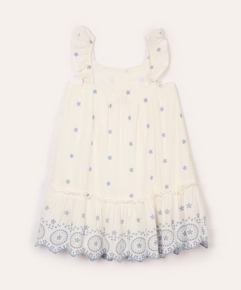 vestido de algodão infantil com bordado floral off white