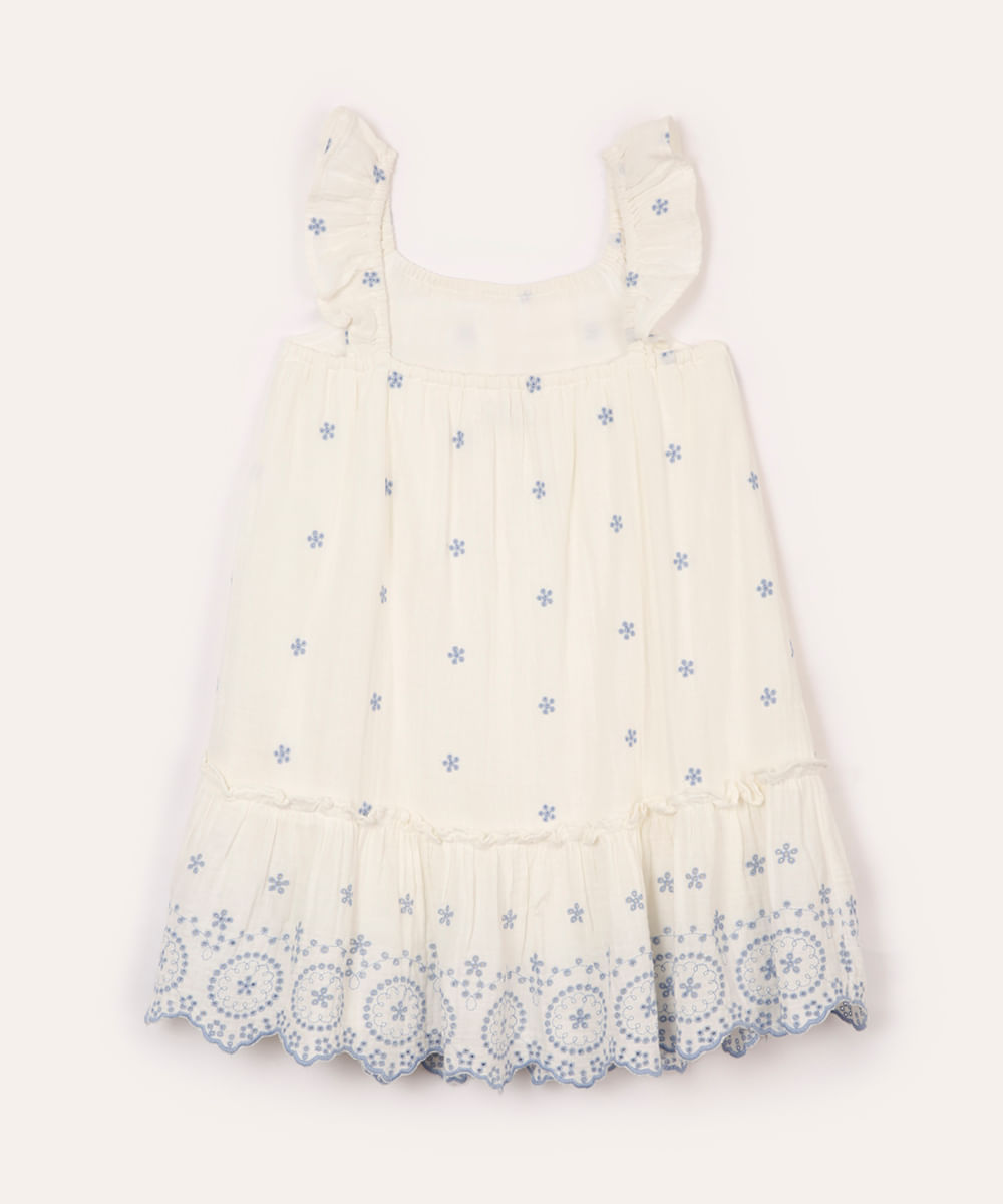 vestido de algodão infantil com bordado floral off white