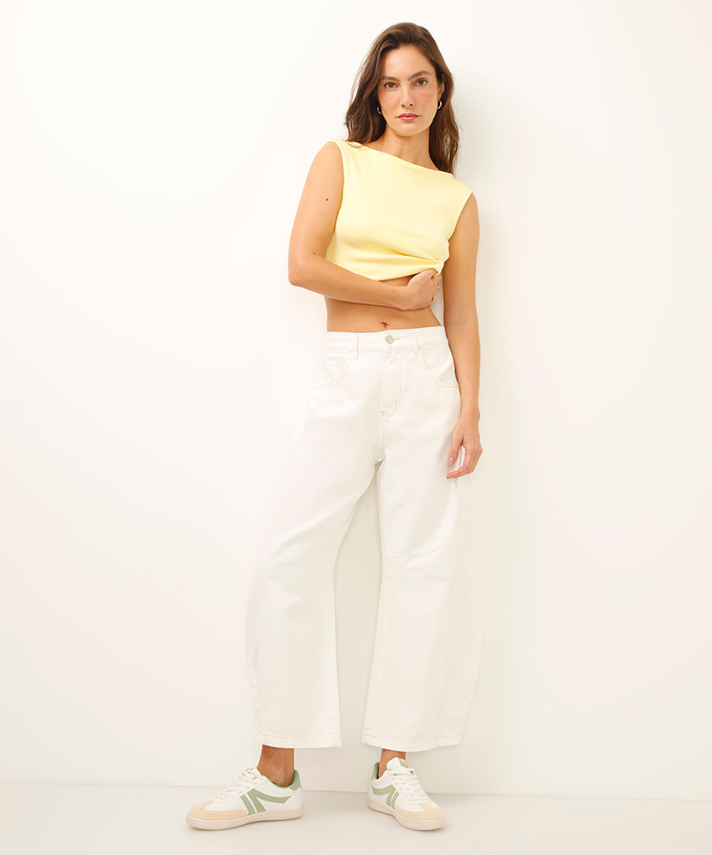 calça barrel de sarja com recortes off white