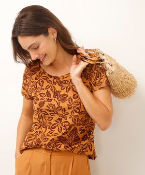 blusa de algodão floral manga curta marrom