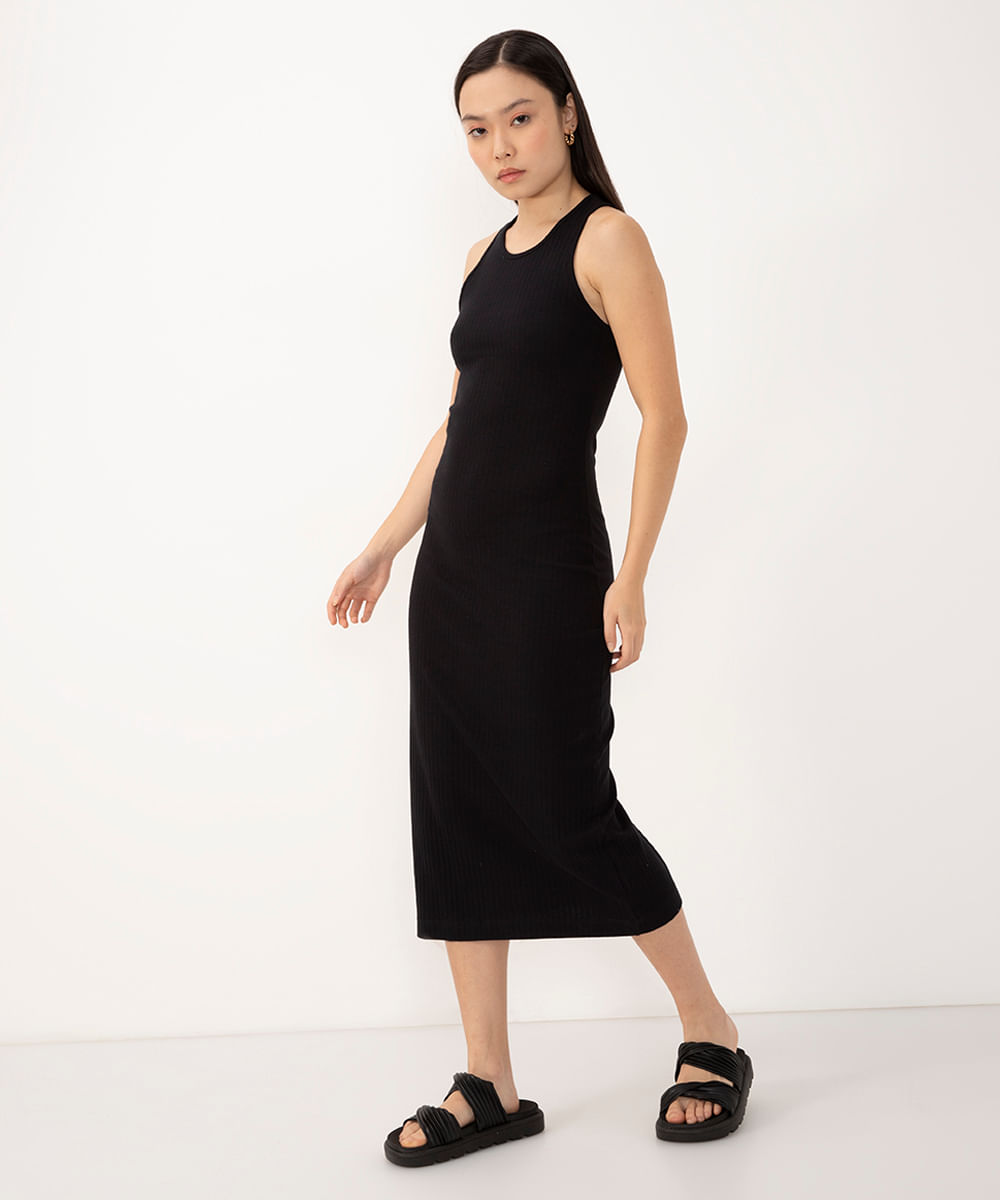 vestido midi básico decote halter neck preto