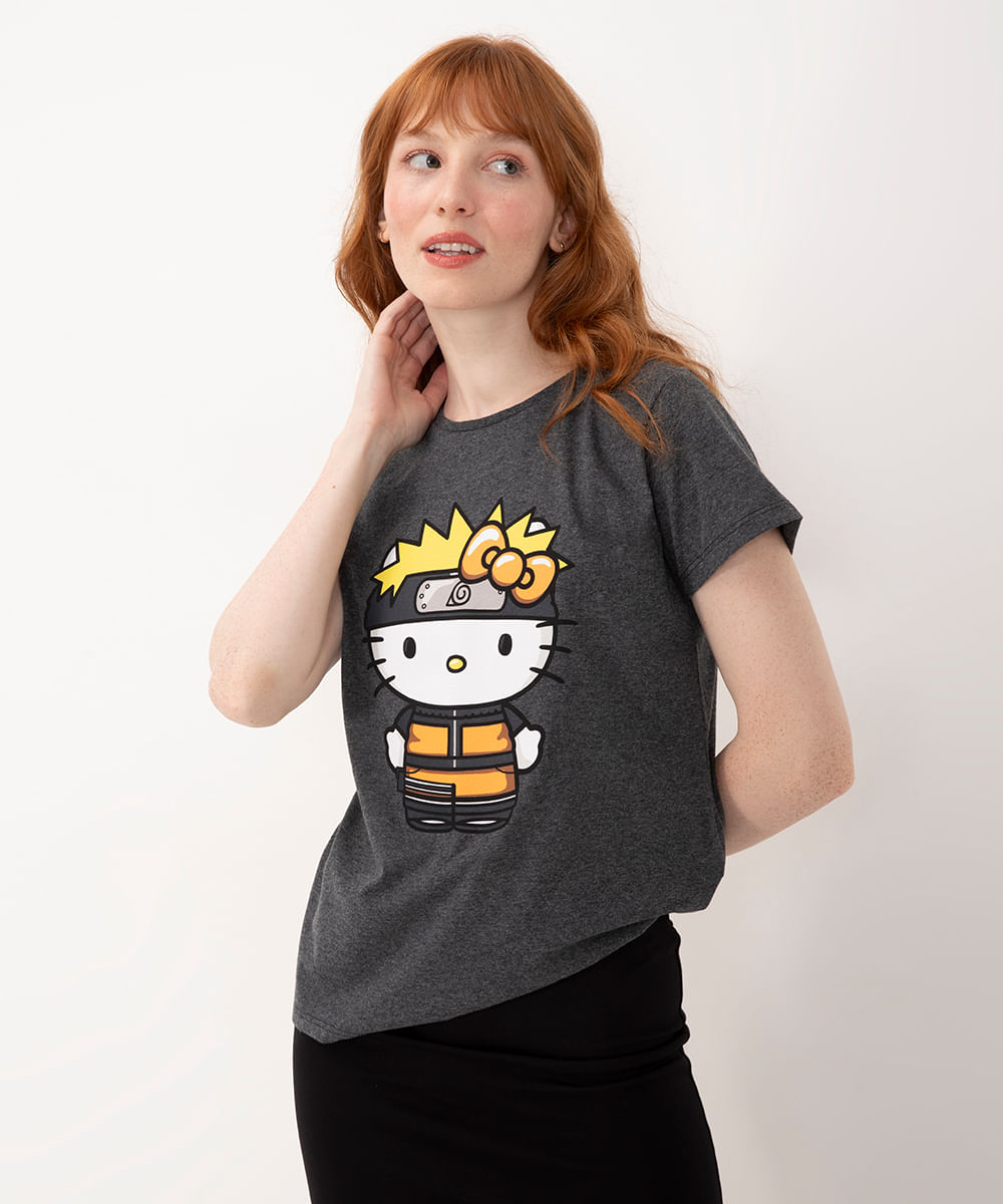 camiseta de algodão hello kitty naruto manga curta cinza mescla escuro