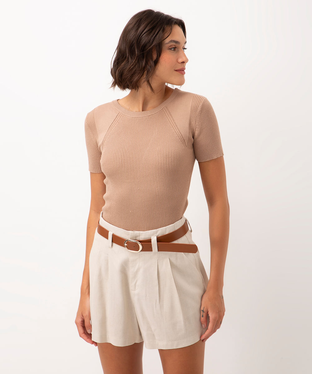 blusa de tricot canelado manga curta bege médio