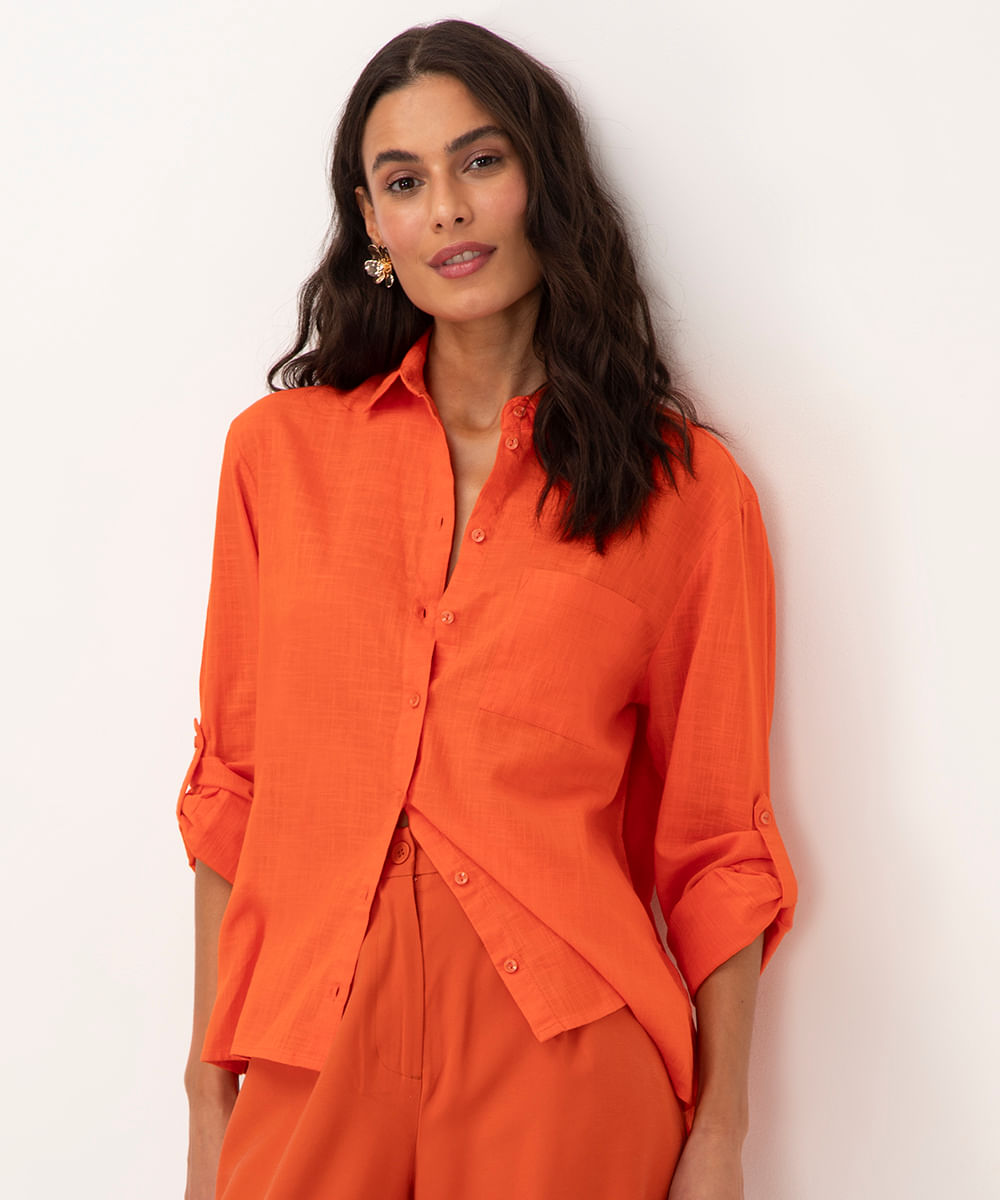 camisa alongada de algodão manga longa laranja