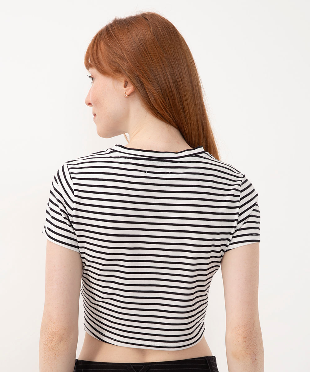 blusa de algodão listrada manga curta off white