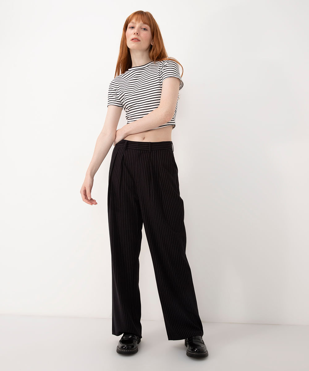 blusa de algodão listrada manga curta off white