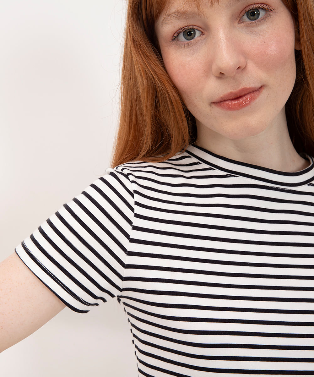 blusa de algodão listrada manga curta off white