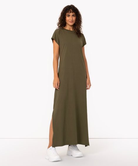 vestido de algodão longo com fenda verde militar