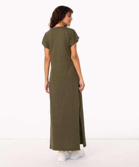vestido de algodão longo com fenda verde militar