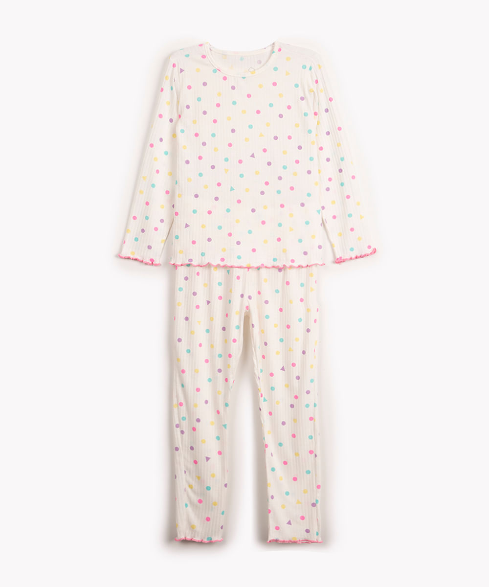pijama infantil canelado poá manga longa off white