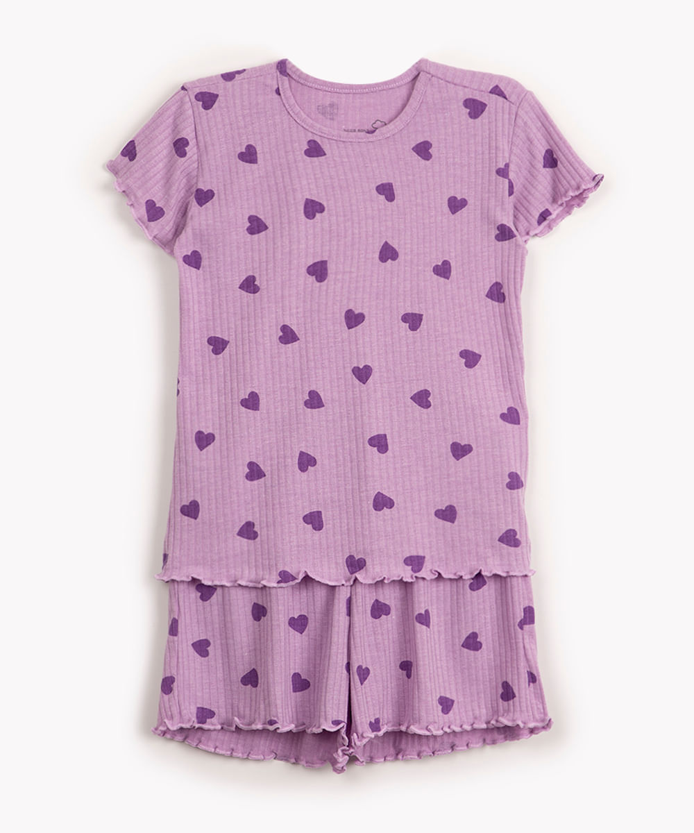 pijama infantil canelado corações manga curta lilás