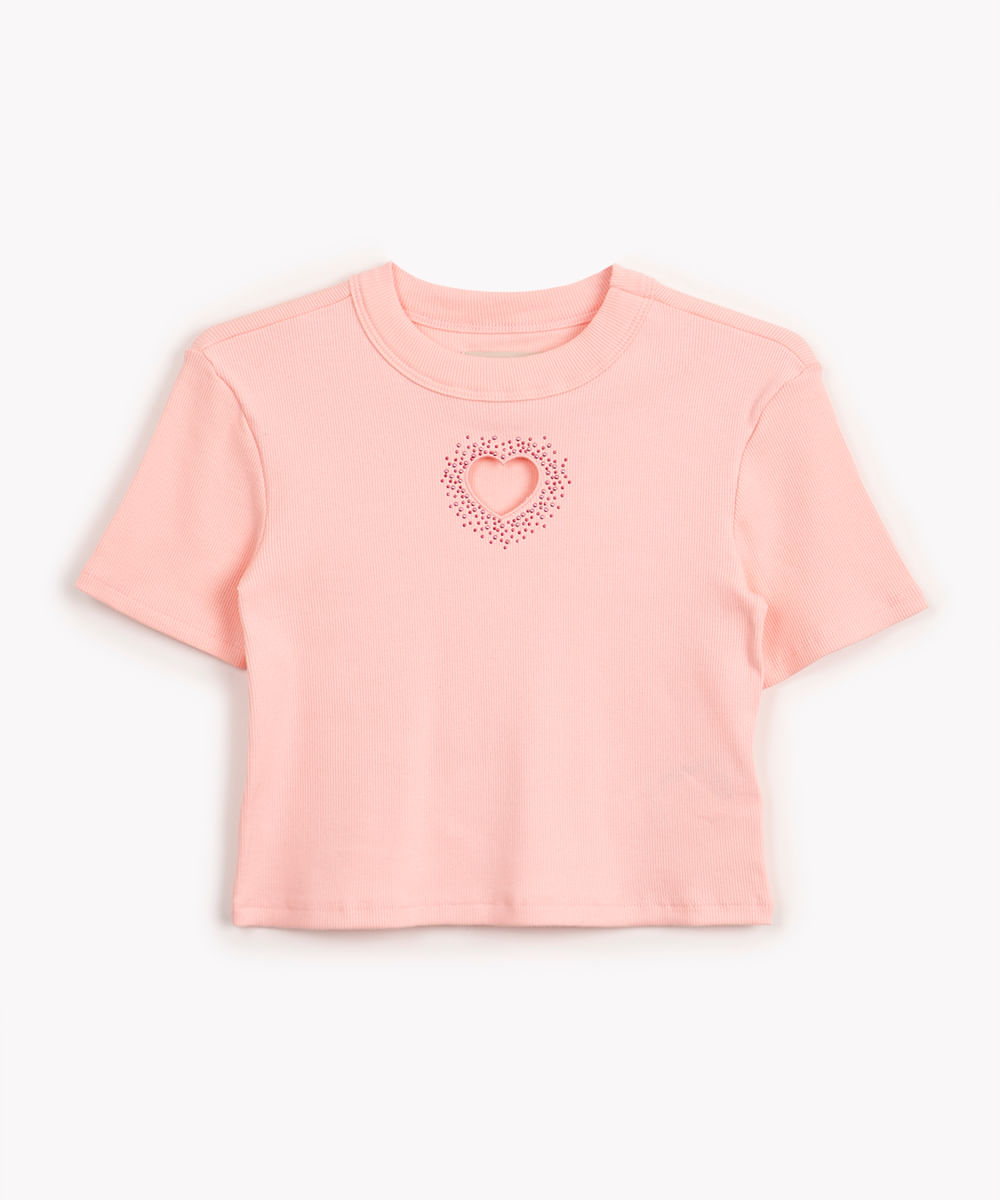 blusa de algodão juvenil canelada coração manga curta rosa